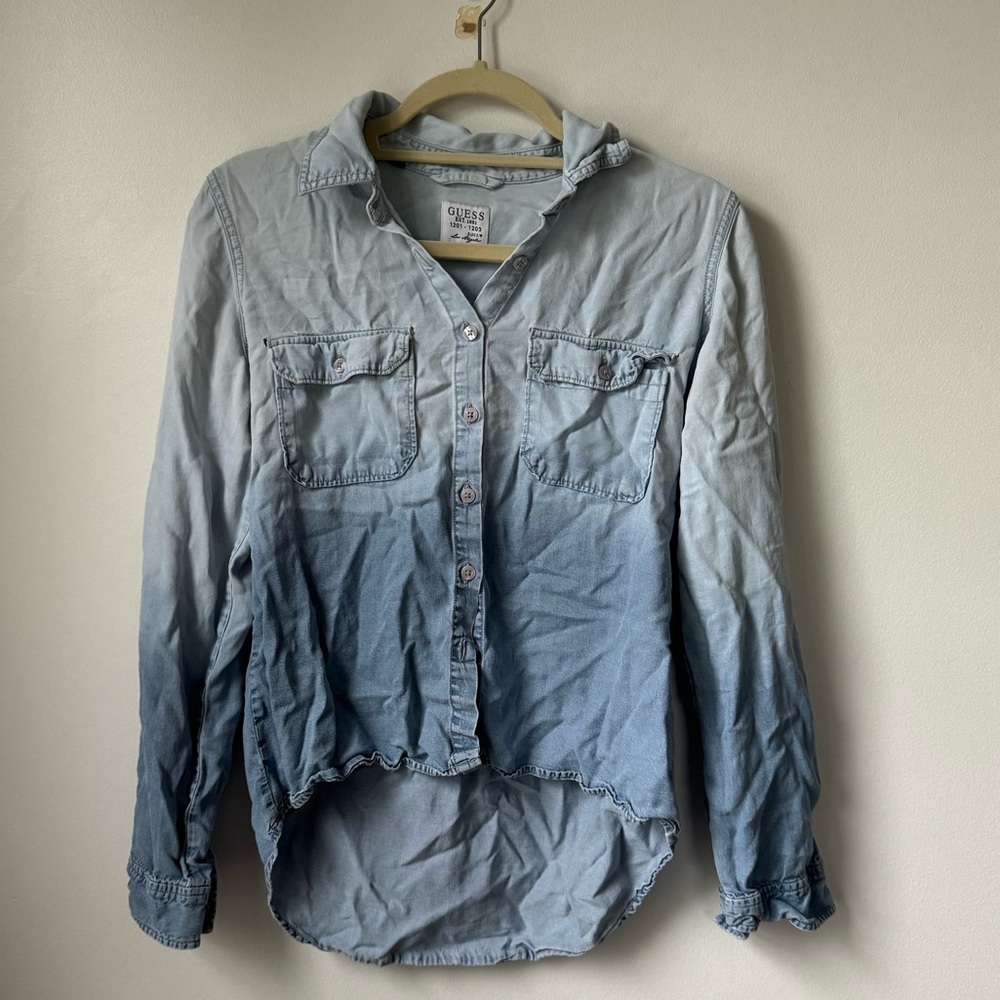 Guess Size Small Daydream Blue Wash Ombré Long Sleeve Denim Shirt